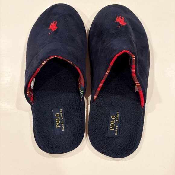 NWOT Ralph Lauren Klarence Microsuede Scuff Slipper Navy Big Pony Size 12 Plaid - Picture 3 of 8